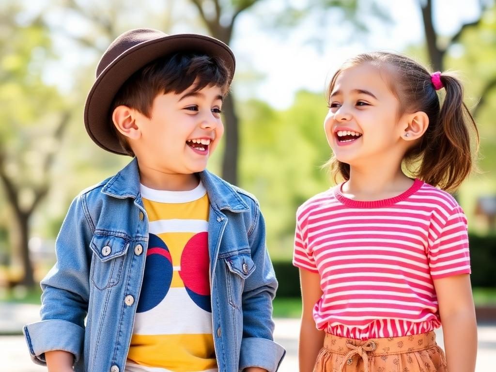 Two kids wearing cute everyday outfits in a sunny park